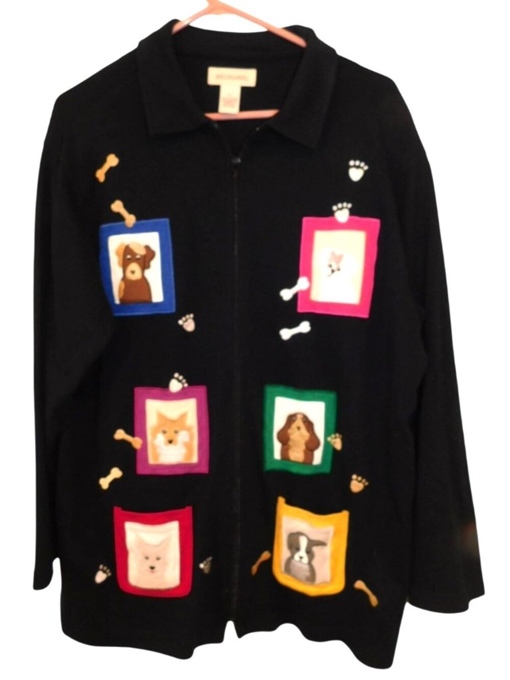 Bechamel Size L Black Dog Applique Jacket Novelty Dog Mom Pet Lover Zip Up